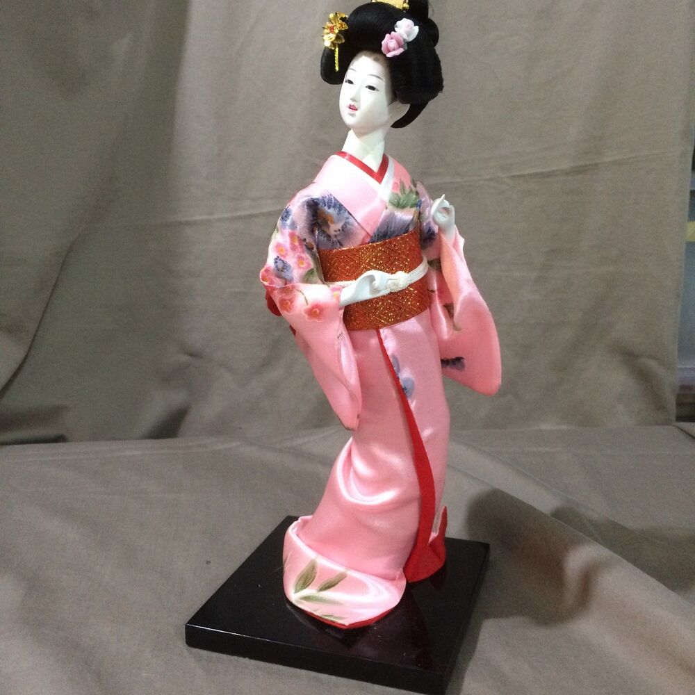 Vintage Japanese Geisha Doll 11.5 Inch Pink Floral Kimono Fabric Hair Ornament
